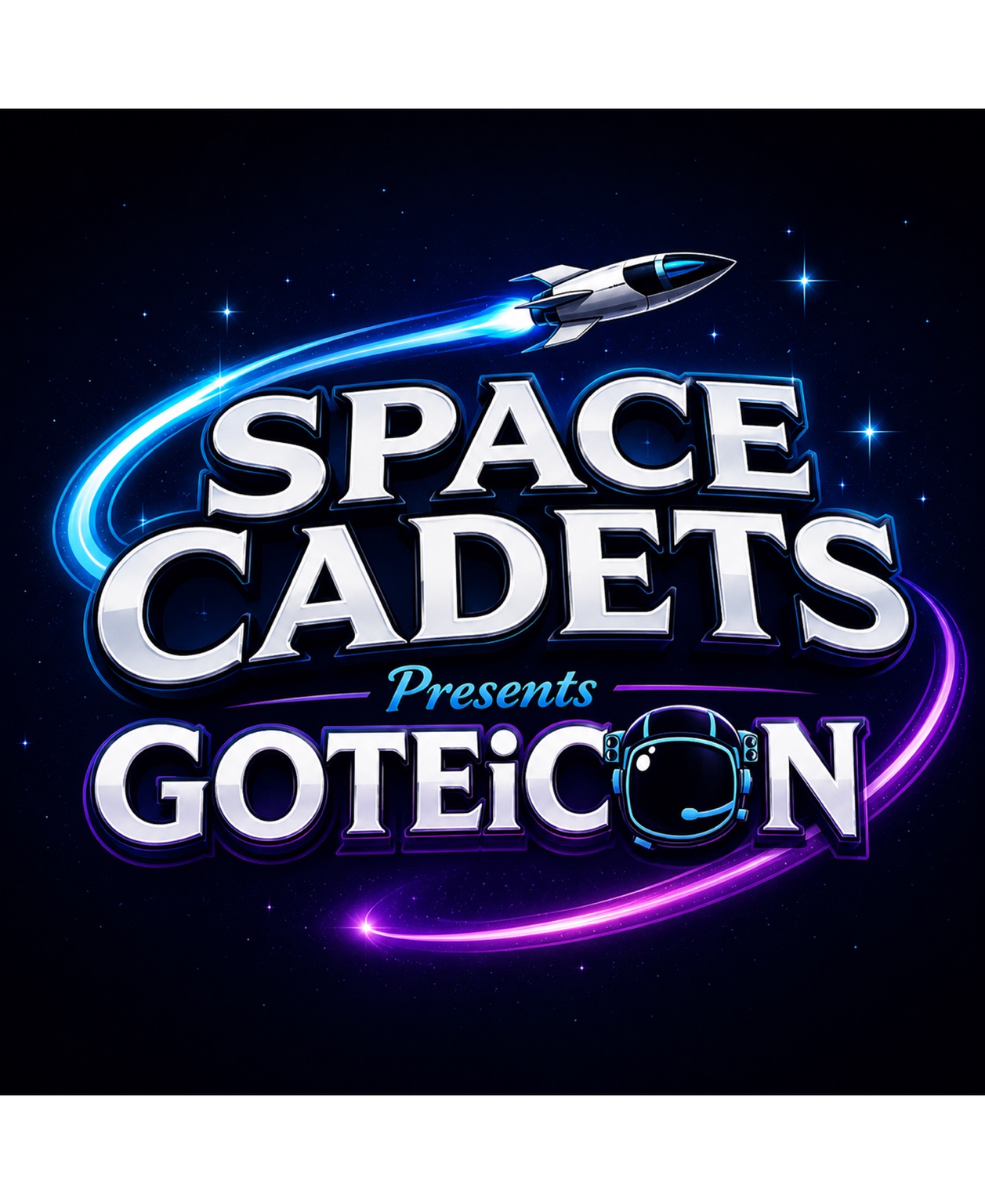 Space Cadets presents Goteicon — a rocket streaks past the Goteicon astronaut emblem against a starfield